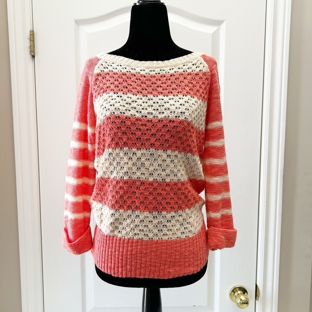 Ricki’s Sweater Lightweight Cotton Open Weave Coral Orange Stripes Size Small - Picture 15 of 15